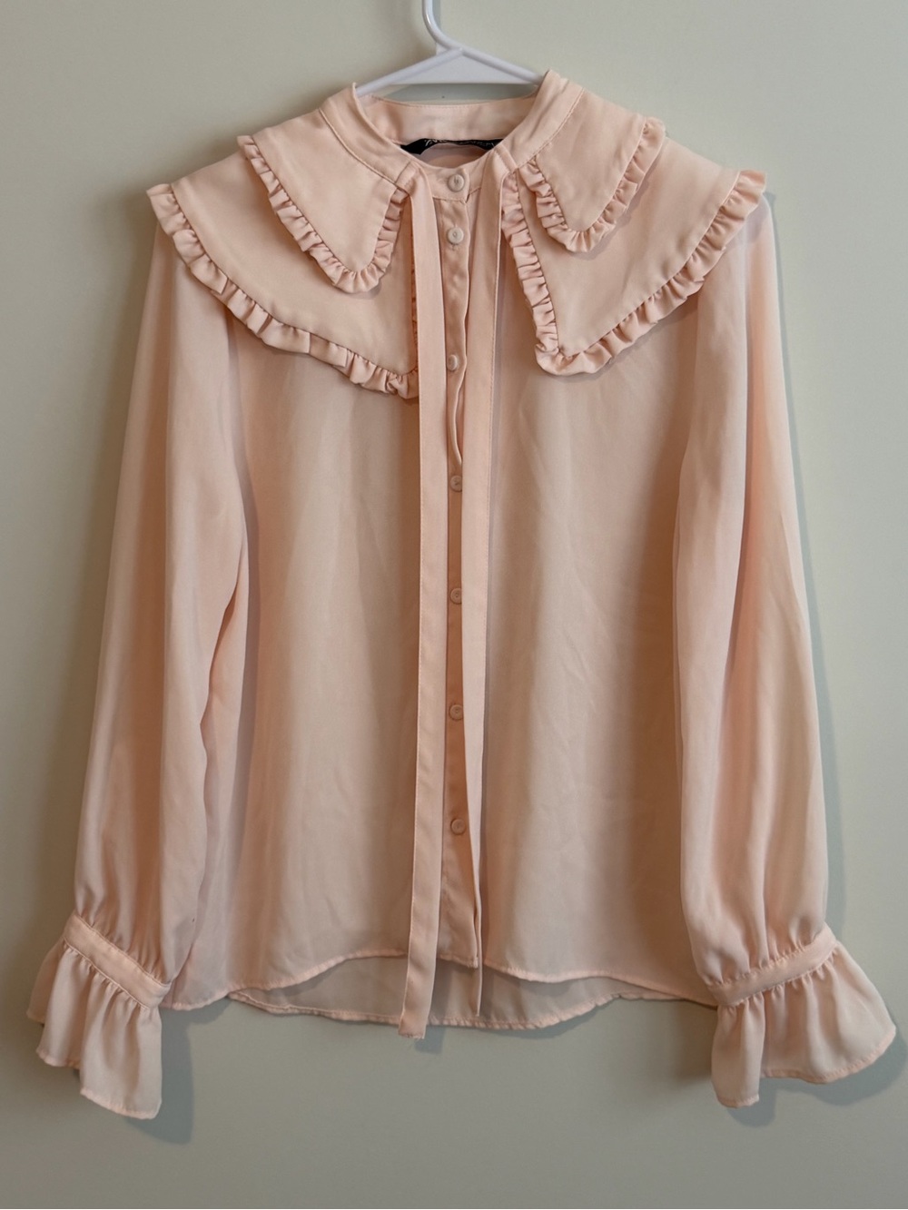 Zara Ruffled Collared Shirt Chalk Pink Button Up Blouse Size Small - Picture 2 of 9